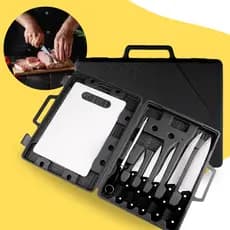Kit Churrasco Facas Com 7 Peças Maleta Completa Faqueiro Tábua de Corte Cozinha Luxo Chef Profissional