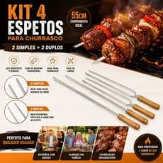 Kit 4 Espetos Para Churrasco 55cm 2 Simples 2 Duplos