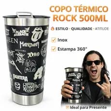 Copo Térmico Rock Inox 500ml – Copo de Bandas Rock 360° | Presente Para Fãs de Rock, Cerveja e Café