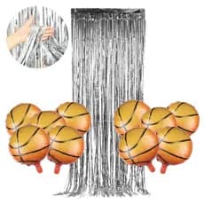 Kit Decoração Festa 1 Cortinas Metalizada Prata + 10 Balões Bola de Basquete