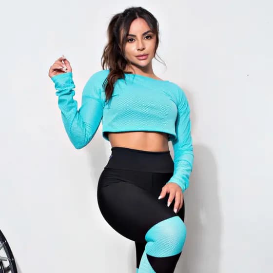 Cropped Top Fitness Manga Longa de Tela Dry Fit Azul Turqueza Racy