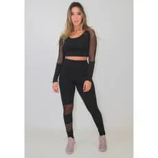 Conjunto Fitness Cropped Calça Legging Detalhe Transparente