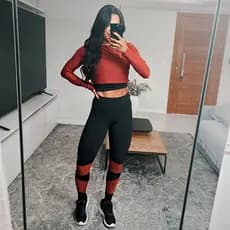 Conjunto Fitness Calça Legging Cintura Alta + Cropped Dry Fit Manga Longa Racy Preto com Terra Cota