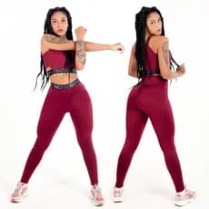 Conjunto Fitness Calça Legging Cintura Alta e Cropped com Elásticos Racy Marsala Zero Transparência