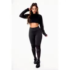 Conjunto Fitness Academia Calça Legging Cintura Alta e Cropped Top Manga Longa Zero Transparência