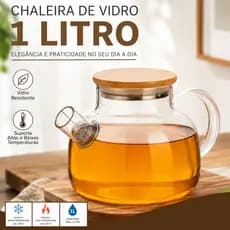 Chaleira de Vidro 1 Litro com Coador Tampa de Bambu Premium Resistente a Calor Fogo Bule infusor
