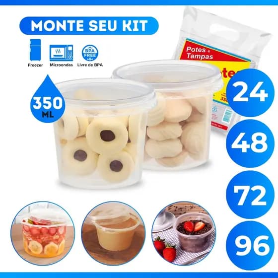 Kit 24/48/72/96 Potes de Plástico 350ml Bolo no Pote Sorvete Embalagem Descartável - BP Potes