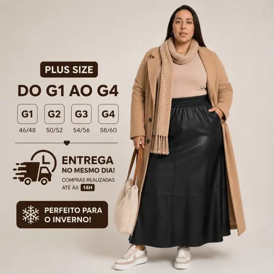 Saia Midi Couro Fake Plus Size Cintura Alta INVERNO – Ajuste Perfeito G1 G2 G3 G4