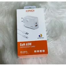 Carregador Turbo GaN 65W Kaidi com cabo Lightning iOS KD-681CL