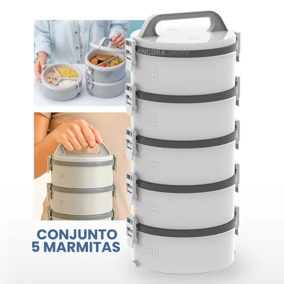 Kit 5un Marmita Térmicas 1,5L 5 Andares Marmitex Pote Hermético Vasilha Tampa e Trava Soprano Cinza