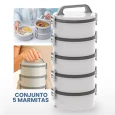 Kit 5un Marmita Térmicas 1,5L 5 Andares Marmitex Pote Hermético Vasilha Tampa e Trava Soprano Cinza
