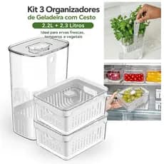 Kit 3 Organizadores de Geladeira com Cesto 2,2L + 2,3 Litros Organizador Porta Tempero Legumes Fruta