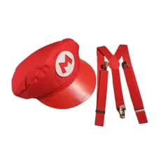 Kit Mario Quepe e Suspensório 02 pçs Presente Cosplay Festa a Fantasia Anime Promoção Imperdível