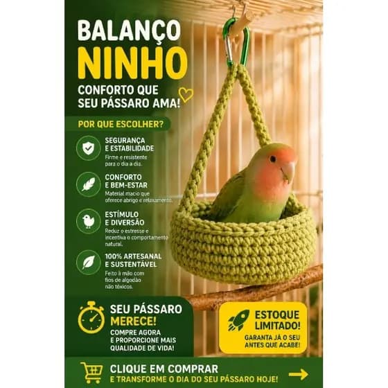 Balanço Ninho para aves Calopsitas, Ring Neck e outras do mesmo porte