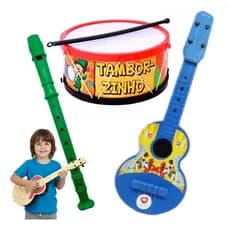 Kit Musical Infantil Brinquedo Viola + Tambor + Flauta Doce