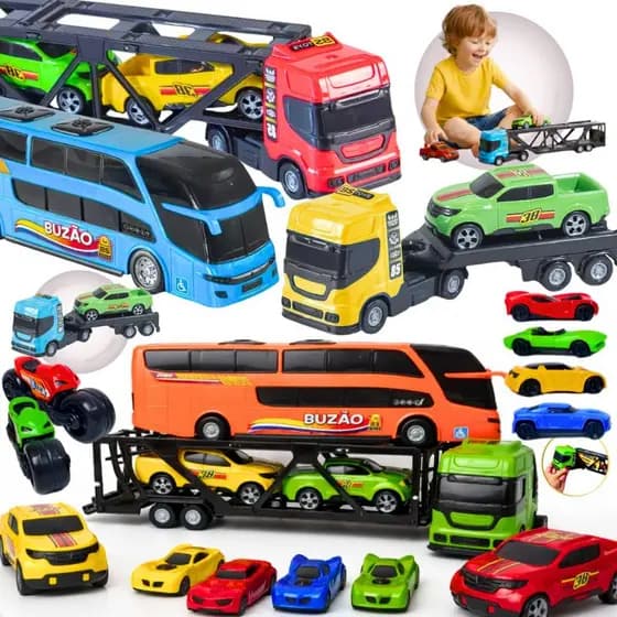 Kit Carrinhos Caminhão Cegonha Brinquedo Infantil Carro + Ônibus + Reboque + Helicoptero + Moto