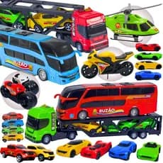 Caminhão Cegonha Brinquedo Carrinhos Ônibus Infantil 13 Pçs