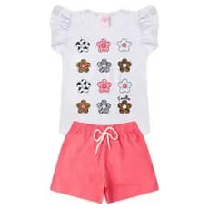 Conjunto Infantil Verão Feminino Flores - Branco