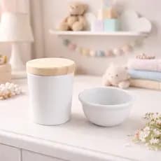 Kit Higiene Bebê Porta Cotonete + Molhadeira Porcelana Com Tampa de Madeira