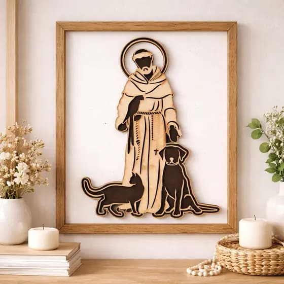 Aplique São Francisco De Assis Vazado de Parede Quadro Mdf Crú