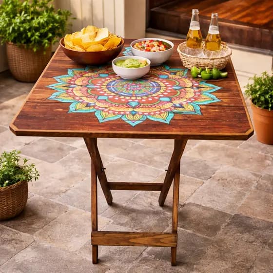 Mesa Madeira Dobrável Quadrada Adesivada Decoração Churrasco Varanda Portátil