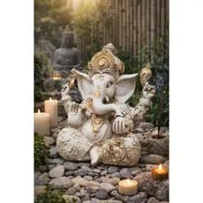 Ganesha Grande Branca e Dourado Deus Da Fortuna Intelecto Prosperidade Feng Shui Em Resina