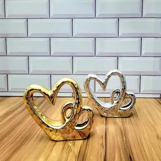 Enfeite Duplo Coração De Cerâmica Espelhado Decoração 11cm