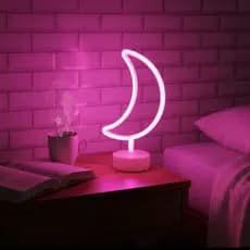 Abajur Led Neon Meia Lua Rosa Luz Pilha Luminária Com Base