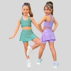 Kit 2 Conjuntos Short e Saia e Top Roupa de Treino Infantil Menina Feminina Kids Ginastica