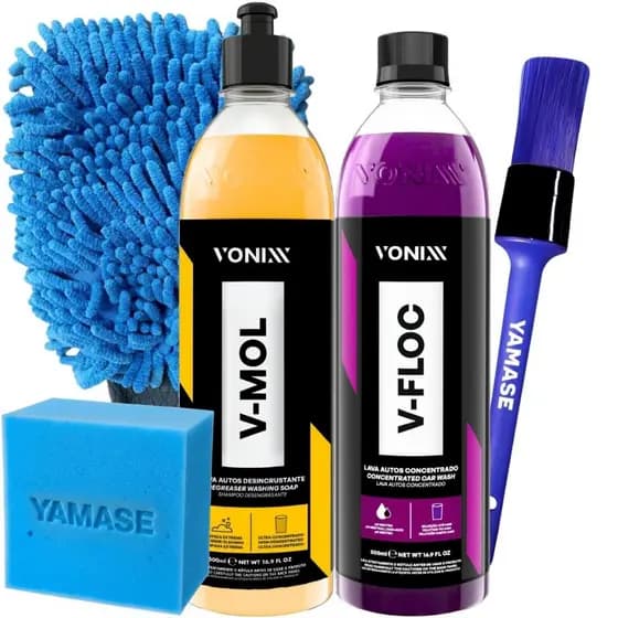 Kit Shampoo Automotivo Vonixx Produto para Lavar Moto Carro V-Floc e V-Mol Desincrustante Luva de Microfibra e Pincel