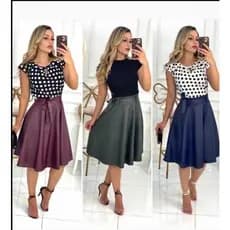 Saia Courino midi rodada feminina  Evangélica Midi Rodada Laço Gode saias feminina saia couro