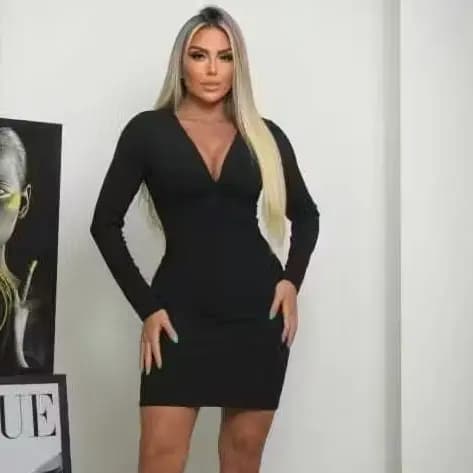 VESTIDO MANGA LONGA COM DECOTE EM NÓ Vestido Preto Vestido Canelado
