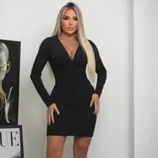 VESTIDO MANGA LONGA COM DECOTE EM NÓ Vestido Preto Vestido Canelado
