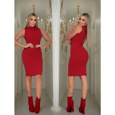 Vestido midi feminino Vestido midi sem manga Vestido curto Vermelho