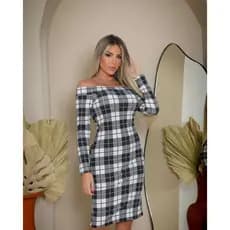 Vestido Xadrez Cinza/Branco manga longa ombro a ombro