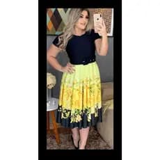 Vestido Feminino Midi Boneca Godê Evangelico Com Cinto Vestido evangélico amarelo