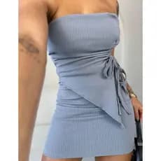 Conjunto Top Cropped tomara que caia franzido ajuste + saia Midi mini dapreada canelado Gringa