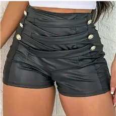 Shorts Preto Feminino Couro Fake Franzido Botão Dourado Short Courinho Cintura Alta Festa Junina