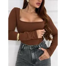 Body Feminino Manga Longa Gola Quadrada Quentinho Coleção Nova Inverno 2025