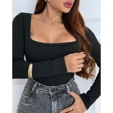 Body Gola Quadrada Manga Longa Canelado Inverno Decote quadrado Rodeio