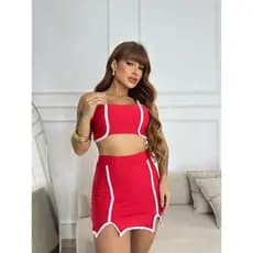 Conjunto Feminino Suplex Preto e Branco Bicolor Top Cropped e Saia Cintura Alta Moda Balada Festa