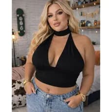 Top Croped Gringa Plus Size Multiformas Amarração Decote Halter V Moda Feminina