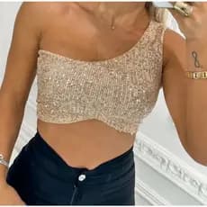 Top Cropped uma manga Mula Manca Paete Brilhante Festas Natal e Reveillon