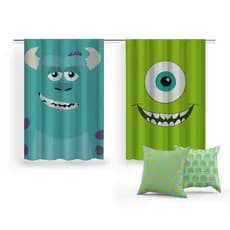 Cortina Infantil Decorativa Monstros Filme + Kit 2 Capas Almofada Estampada Fofa