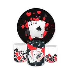 Kit Festa Capa Painel Redondo + Trio Capas de Cilindro Sublimados Tema Cassino Cartas Decoração
