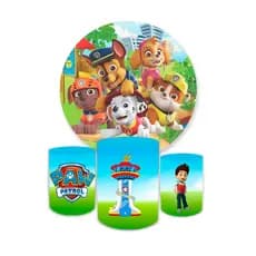 Kit Festa Capa Painel Redondo + Trio Capas de Cilindro Sublimados Tema Patrulha C. Heróis Infantil