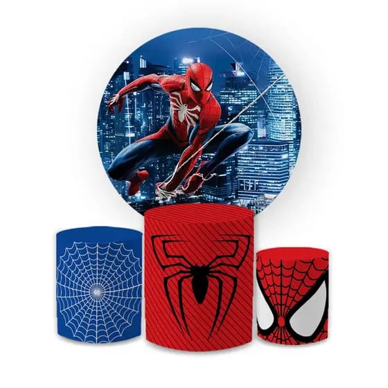 Kit Festa Capa Painel Redondo + Trio Capas de Cilindro Sublimados Tema Herói Aranha Decoração