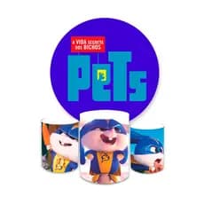 Kit Festa Capa Painel Redondo + Trio Capas de Cilindro Sublimados Tema Pets Filme Decoração Animais