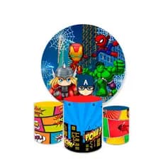 Kit Festa Capa Painel Redondo + Trio Capas de Cilindro Sublimados Tema Marvl Heróis Decoração Infantil Menino