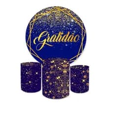 Kit Capa Painel Redondo 1,50 + Trio de Cilindros Gratidão Azul Glitter Dourado